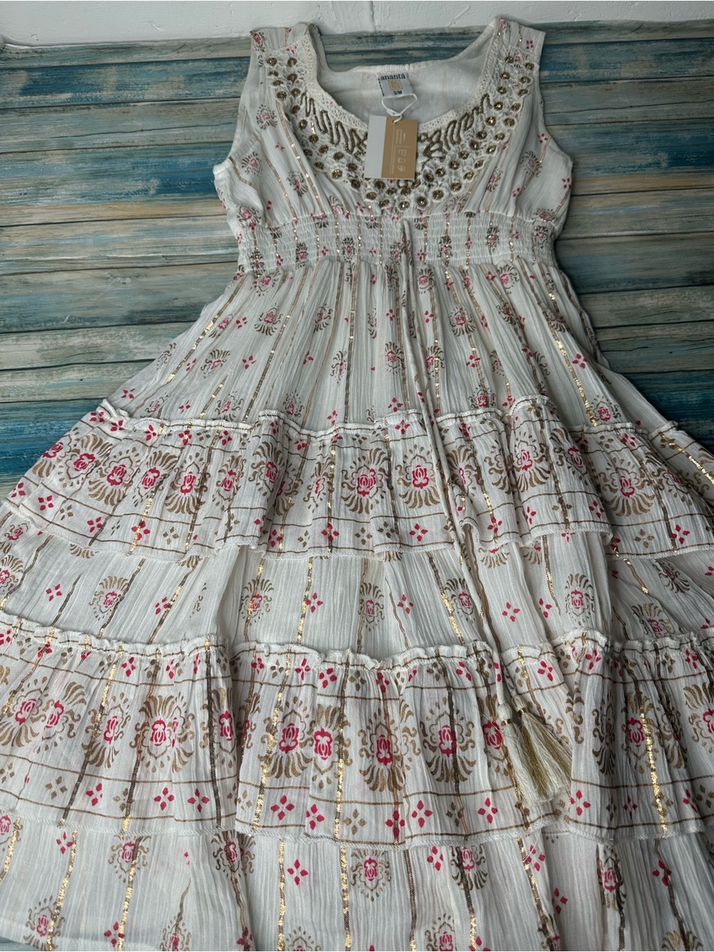 Ananta Sunshine Kids White & Pink Embroidered Maxi Dress Size Small